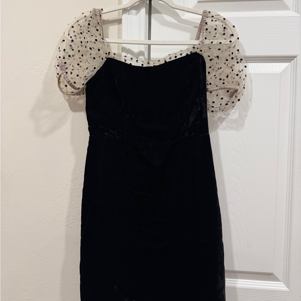 NWT REVOLVE Camila Coelho Black Mini Dress with Sheer Polka Dot Sleeves - Picture 3 of 5